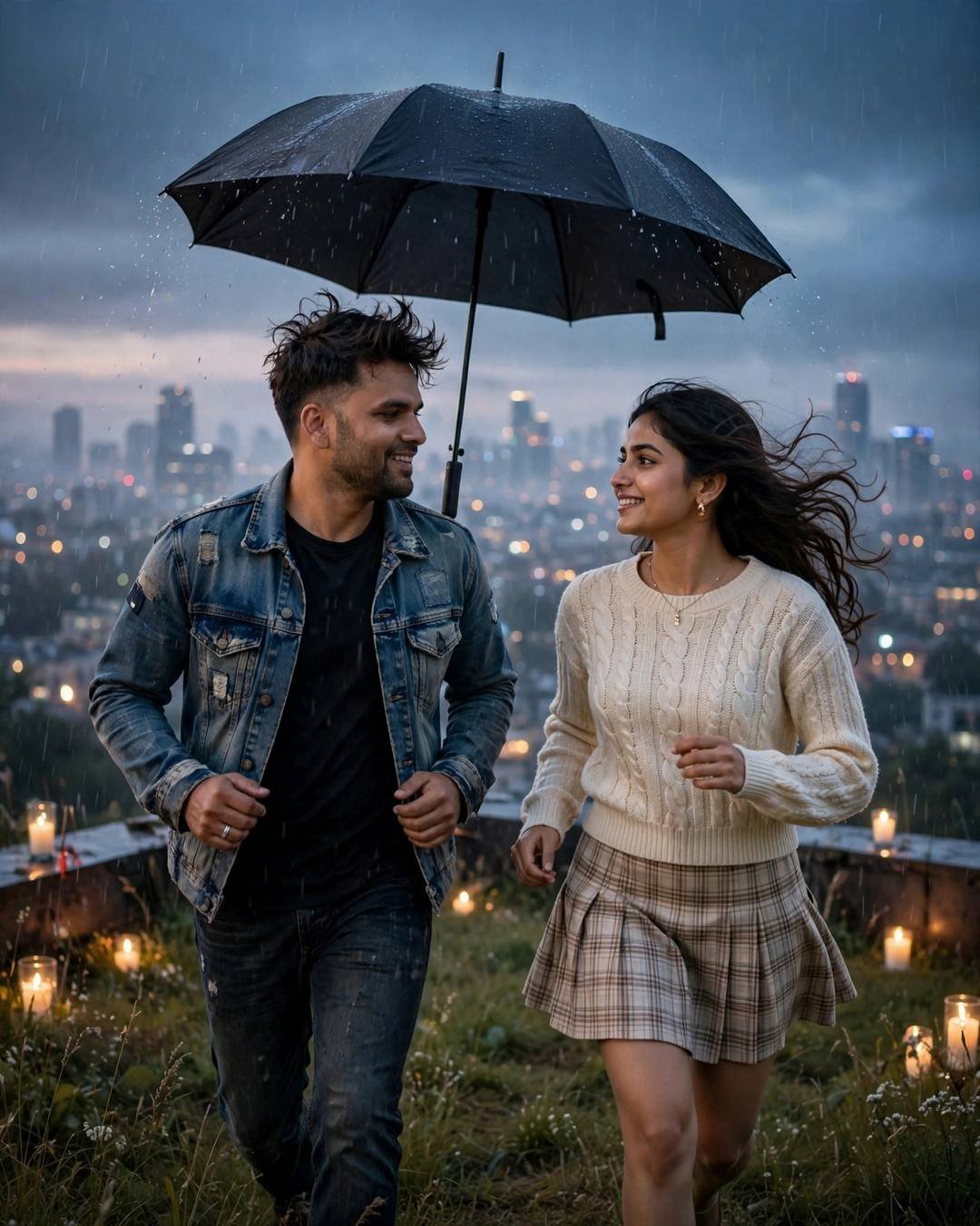 Couple running toward each other under one black umbrella on a rooftop overlooking city lights at dusk in drizzle, man in distressed denim jacket, woman in cream knit top and plaid skirt