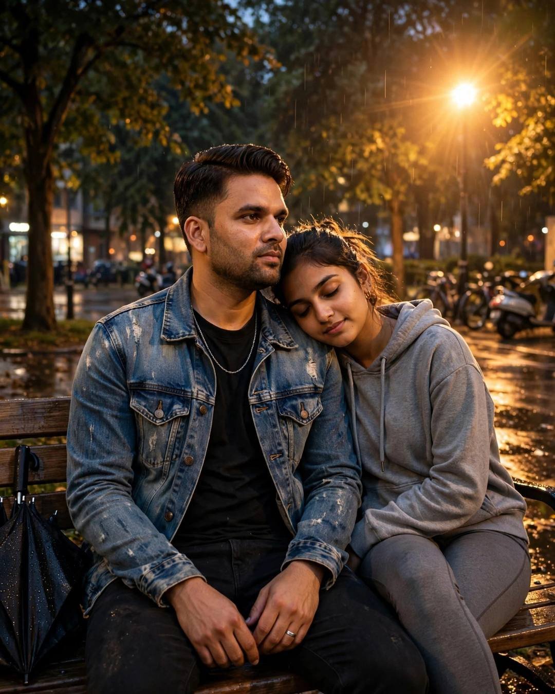 Couple sitting close on a park bench under a lone lamp at night after rain, her head resting on his shoulder, man in distressed denim jacket, woman in grey hoodie