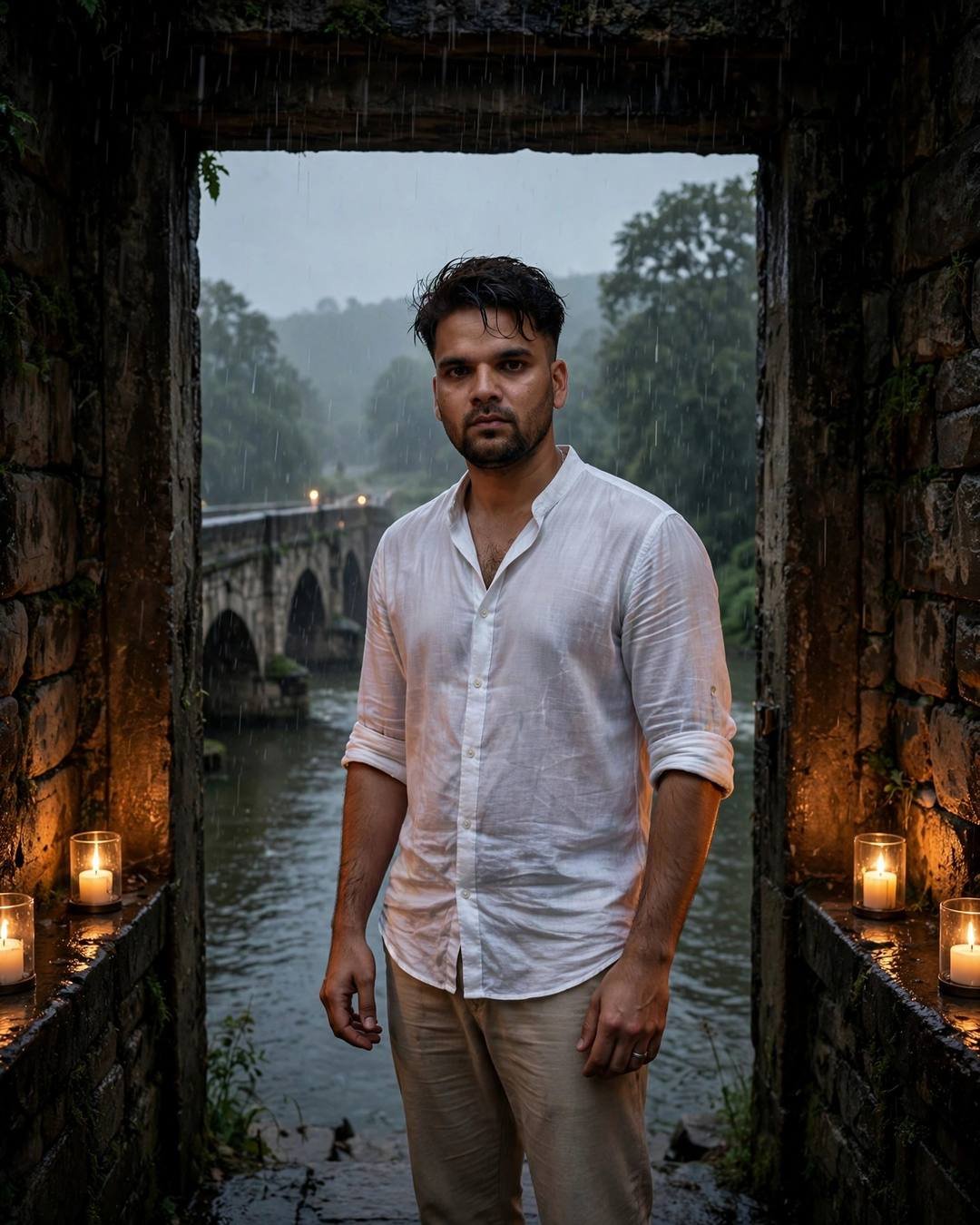 Young Indian man in a white linen shirt standing in a stone doorway half in shadow, rain falling over an old bridge and slow river behind him, candles burning
