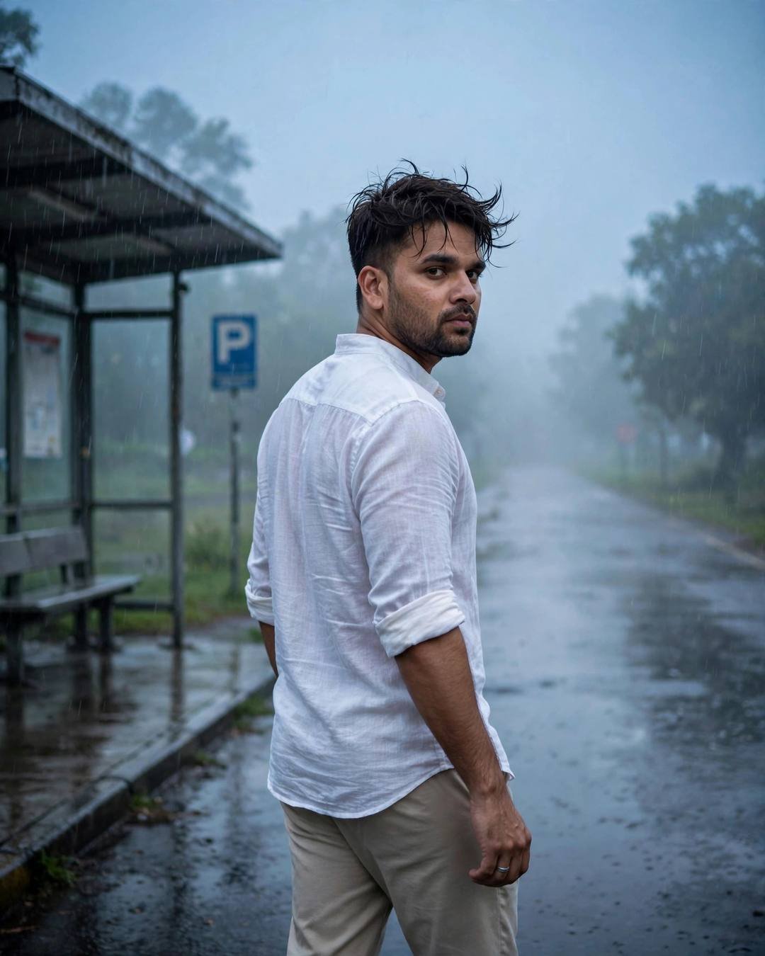 Young Indian man in a soaked white linen shirt walking away from a bus stop in heavy monsoon rain, looking back over his shoulder