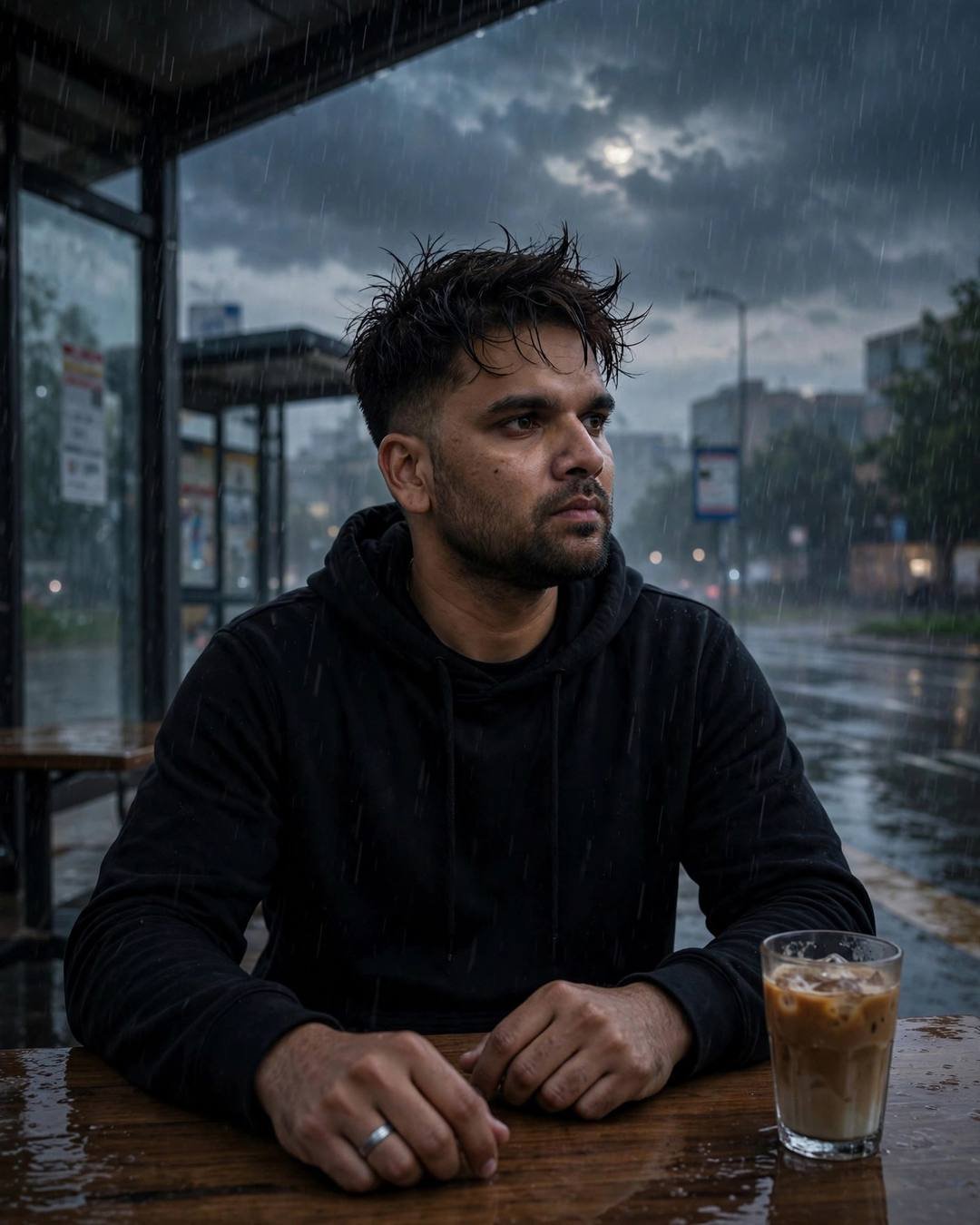 Young Indian man in all-black streetwear sitting with a cold coffee at a rain-soaked bus stop at dawn, monsoon clouds and moonlight above