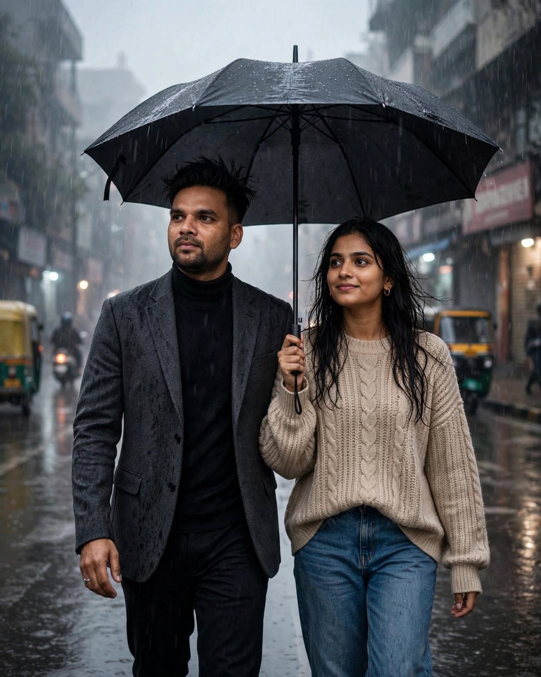 Young Indian couple sharing one black umbrella on a rainy city street, man in charcoal blazer and black turtleneck, woman in beige sweater