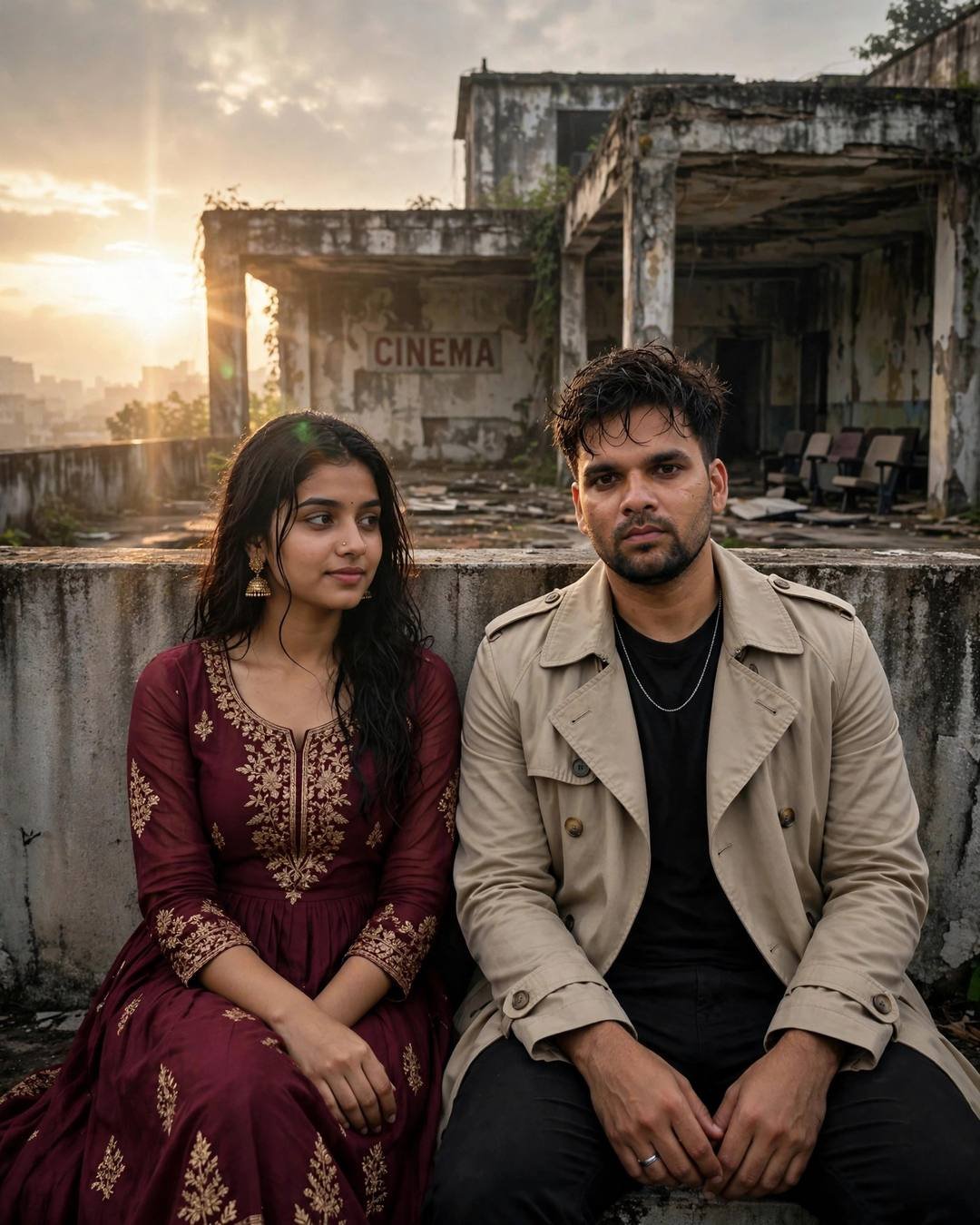 Young Indian couple sitting in silence before an abandoned cinema hall at dawn, man in beige trench coat, woman in maroon anarkali with jhumkas