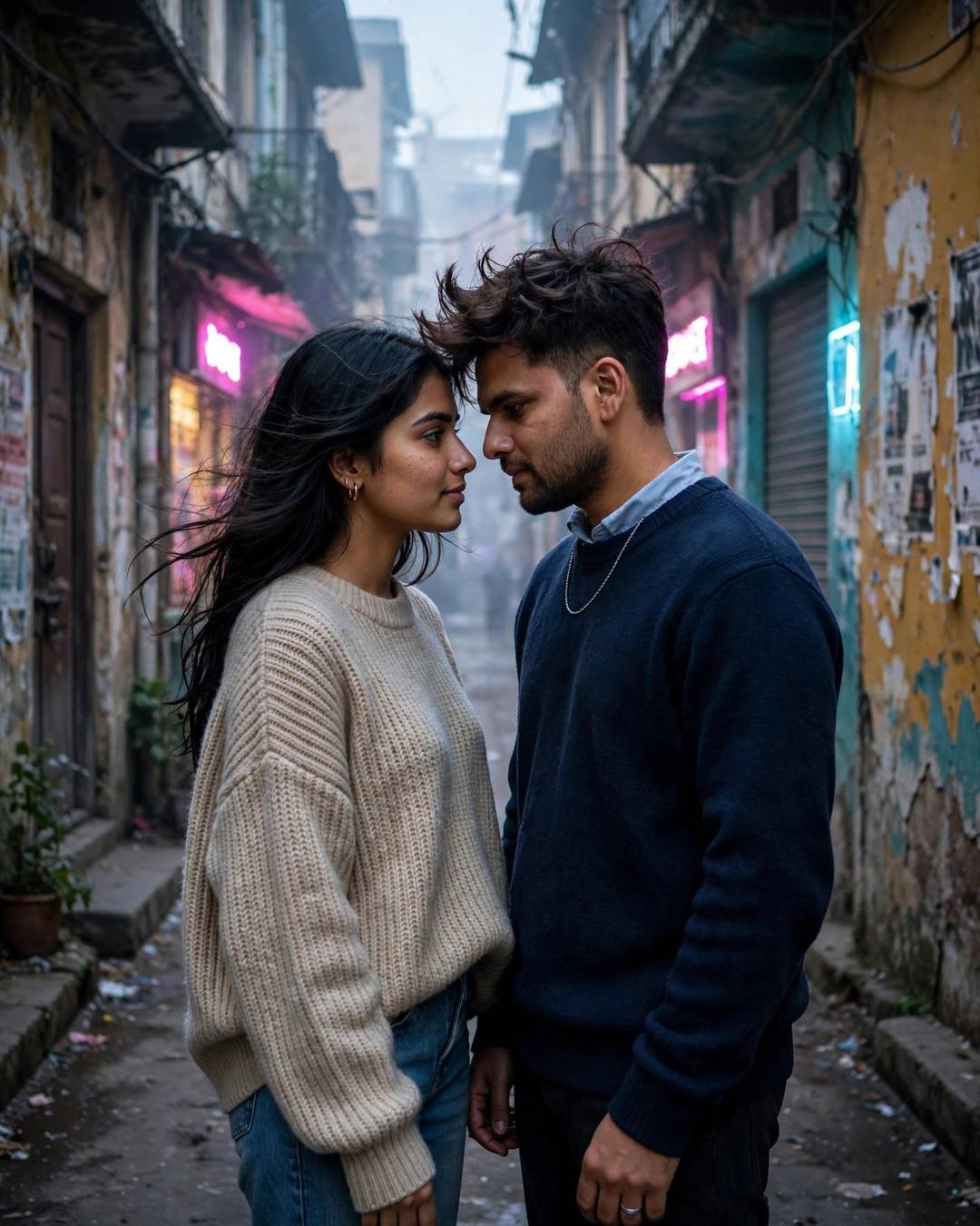 Young Indian couple with foreheads almost touching in a narrow old-city lane at night, man in navy sweater, woman in beige sweater