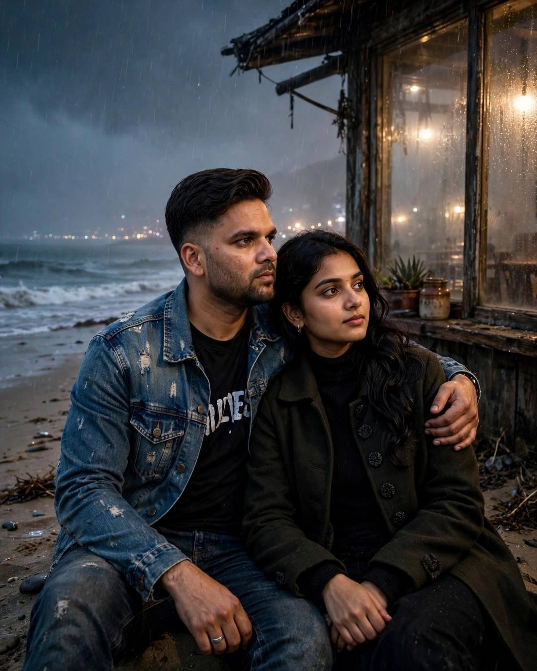 Young Indian couple sitting on a beach at night, his arm around her, man in distressed denim jacket, woman in black coat, old cafe glowing behind