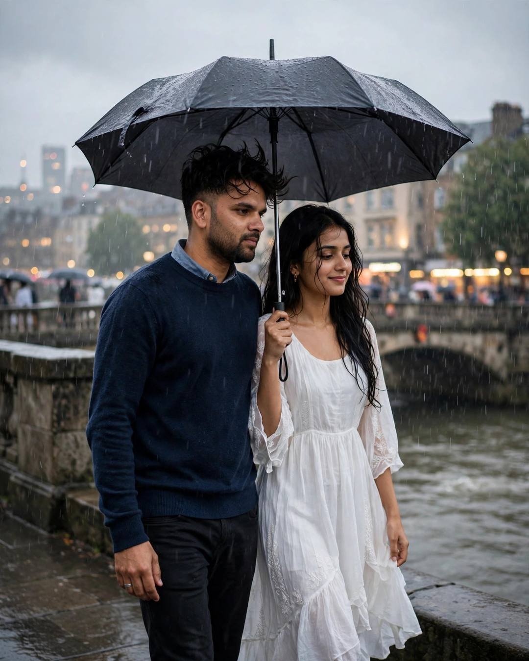 Couple sharing a black umbrella on a rainy bridge over a river, man in navy sweater, woman in white dress