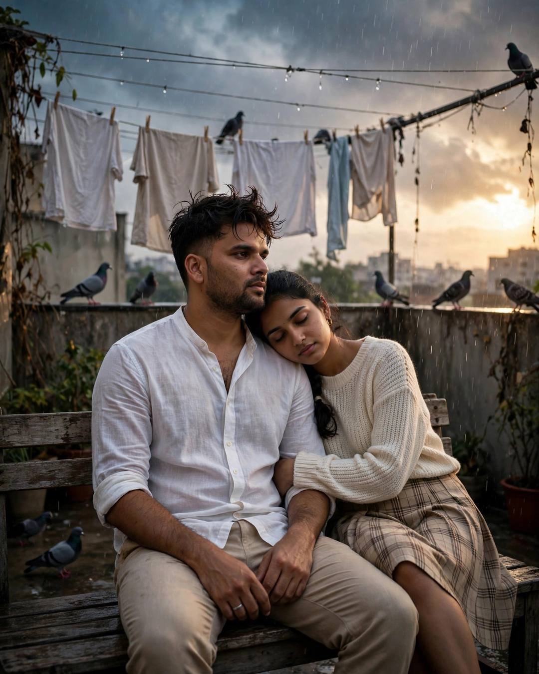 Couple sitting close on a terrace bench in drizzle, her head on his shoulder, man in white linen shirt, woman in cream knit top and plaid skirt, laundry lines and pigeons around