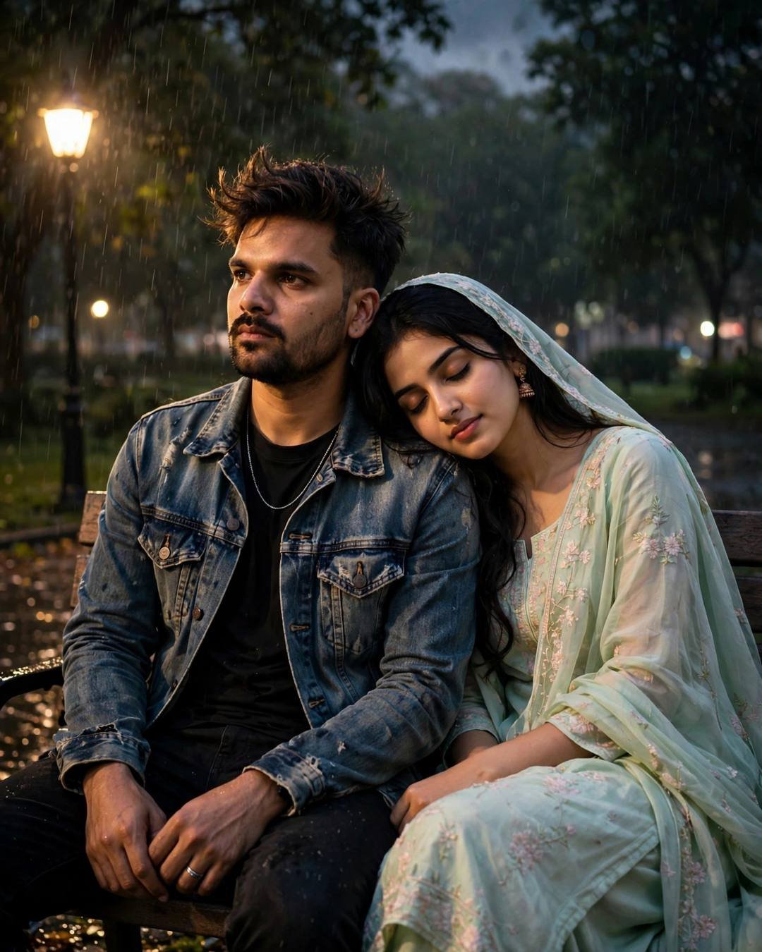Couple sitting close on a park bench under a lone lamp in light rain at night, her head on his shoulder, man in distressed denim jacket, woman in pastel salwar-kameez with dupatta