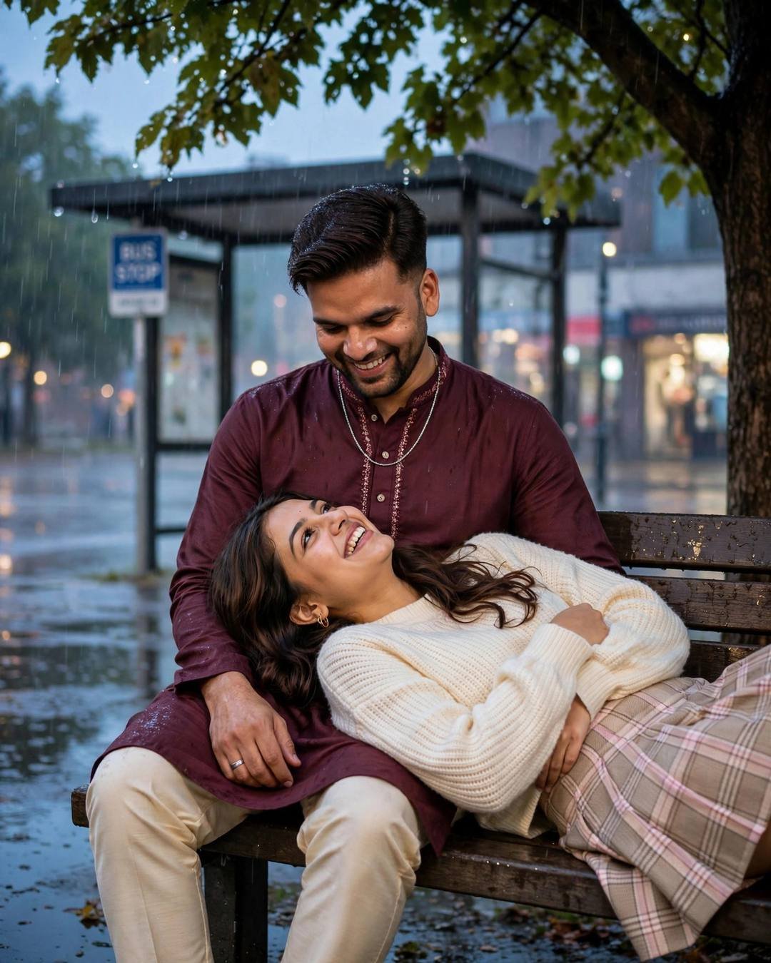 Couple laughing together under a neem tree at a rainy bus stop at blue hour, woman reclined with her head in his lap, man in maroon kurta, woman in cream knit top and plaid skirt