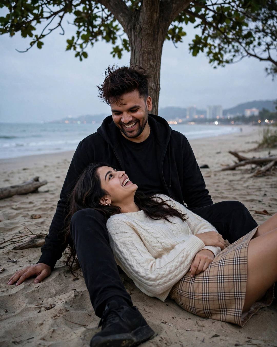 Young couple laughing together under a tree on a deserted beach at dusk, her head in his lap, all-black streetwear and cream knit top, cinematic portrait