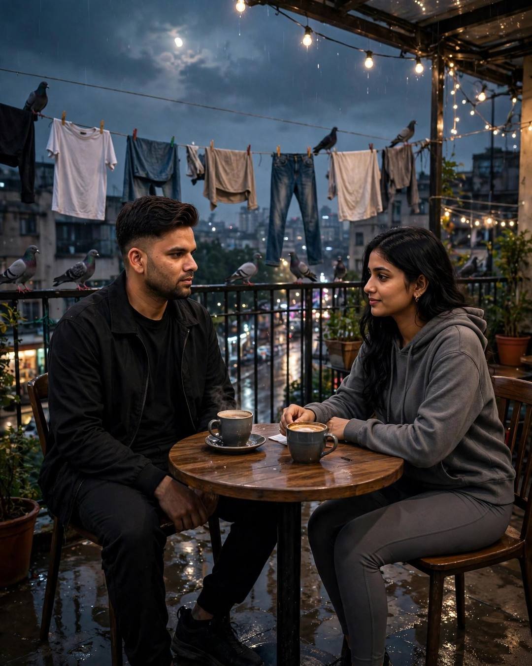Young couple seated across a small table on a rooftop terrace at night with coffee cups, laundry lines and pigeons around, string lights and moon, cinematic portrait
