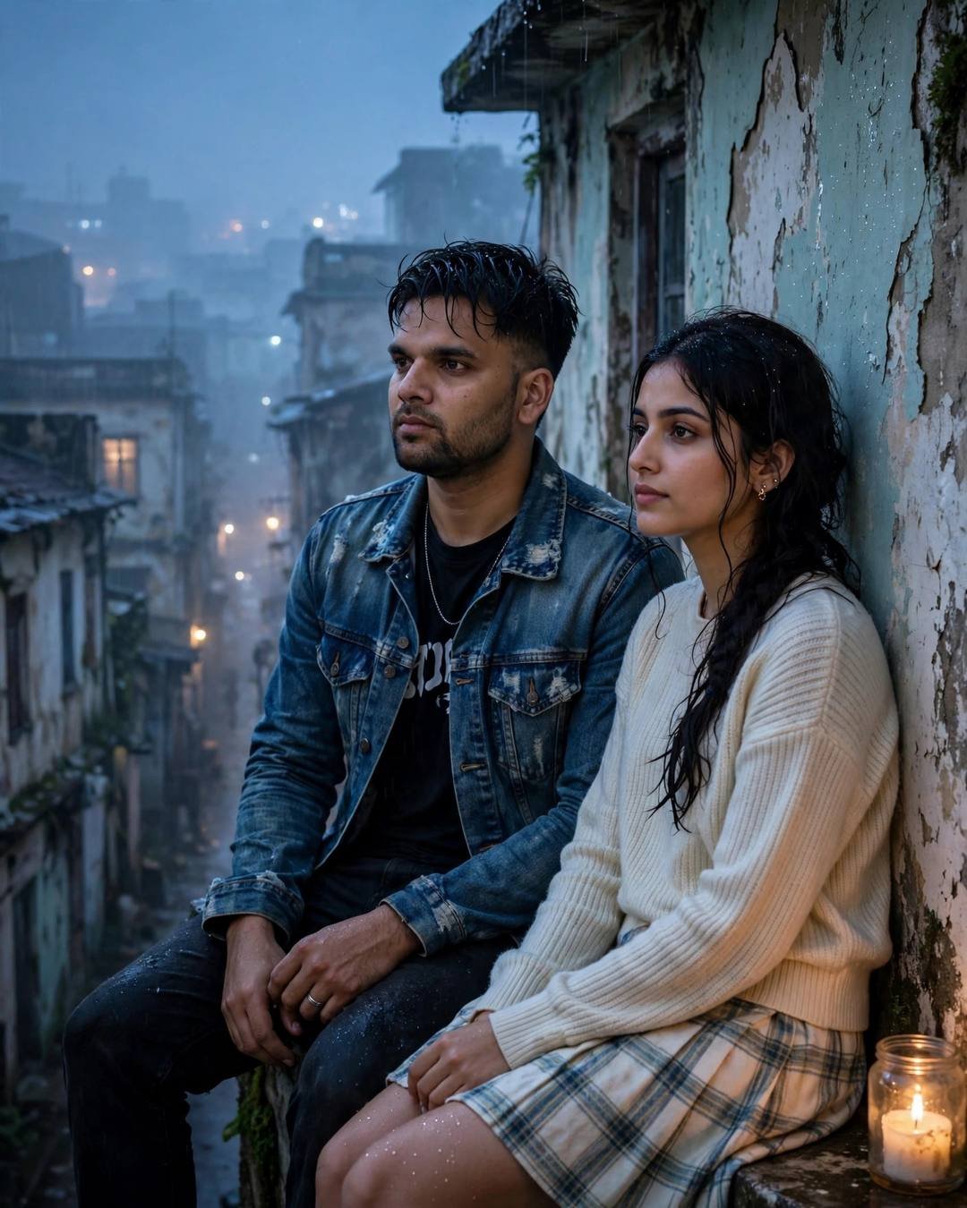 Young couple seated side by side against a peeling wall in a foggy lane at blue hour, a candle glowing beside them, cinematic portrait