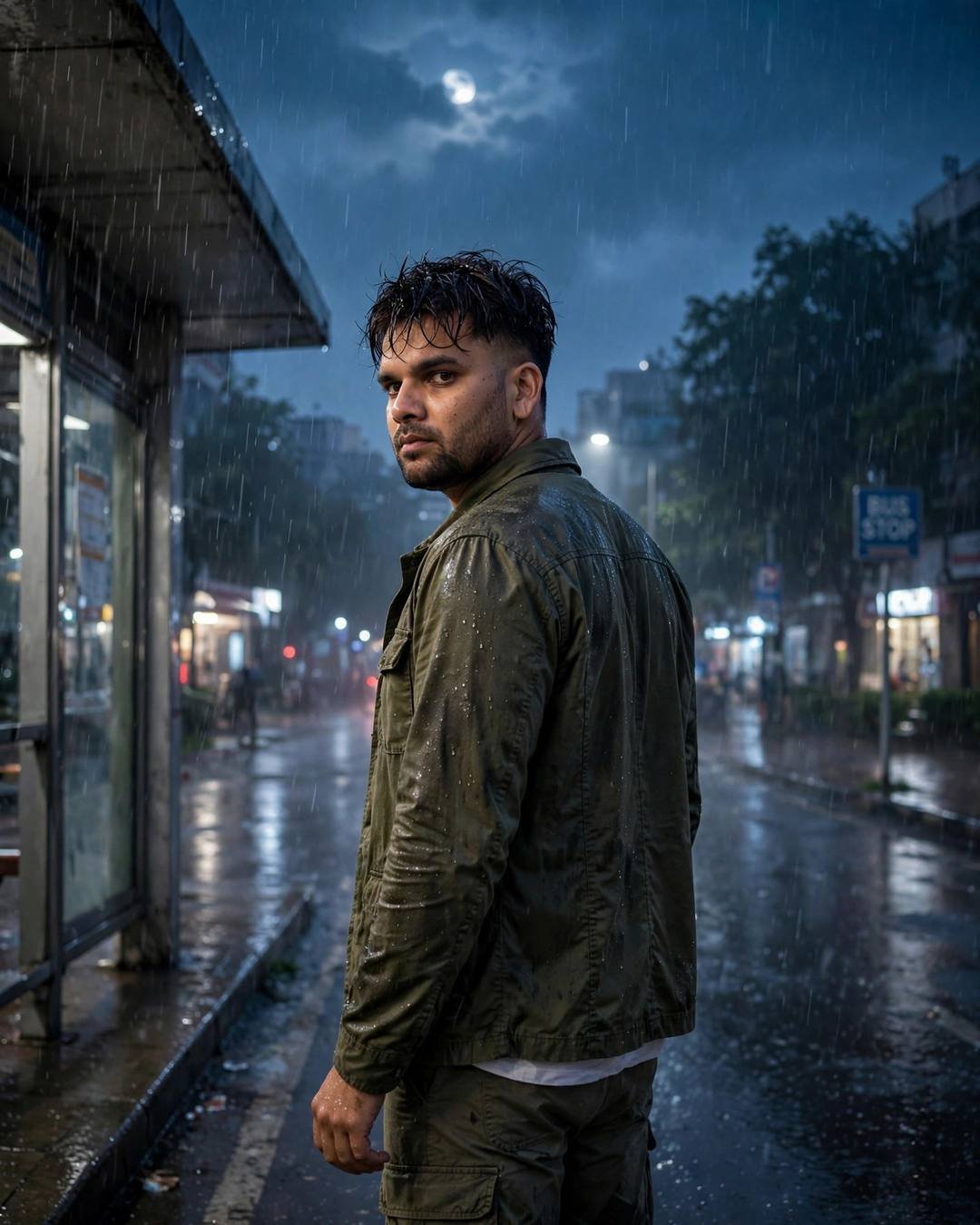 Young Indian man in olive field jacket at a rainy bus stop at night looking over his shoulder, moon behind clouds