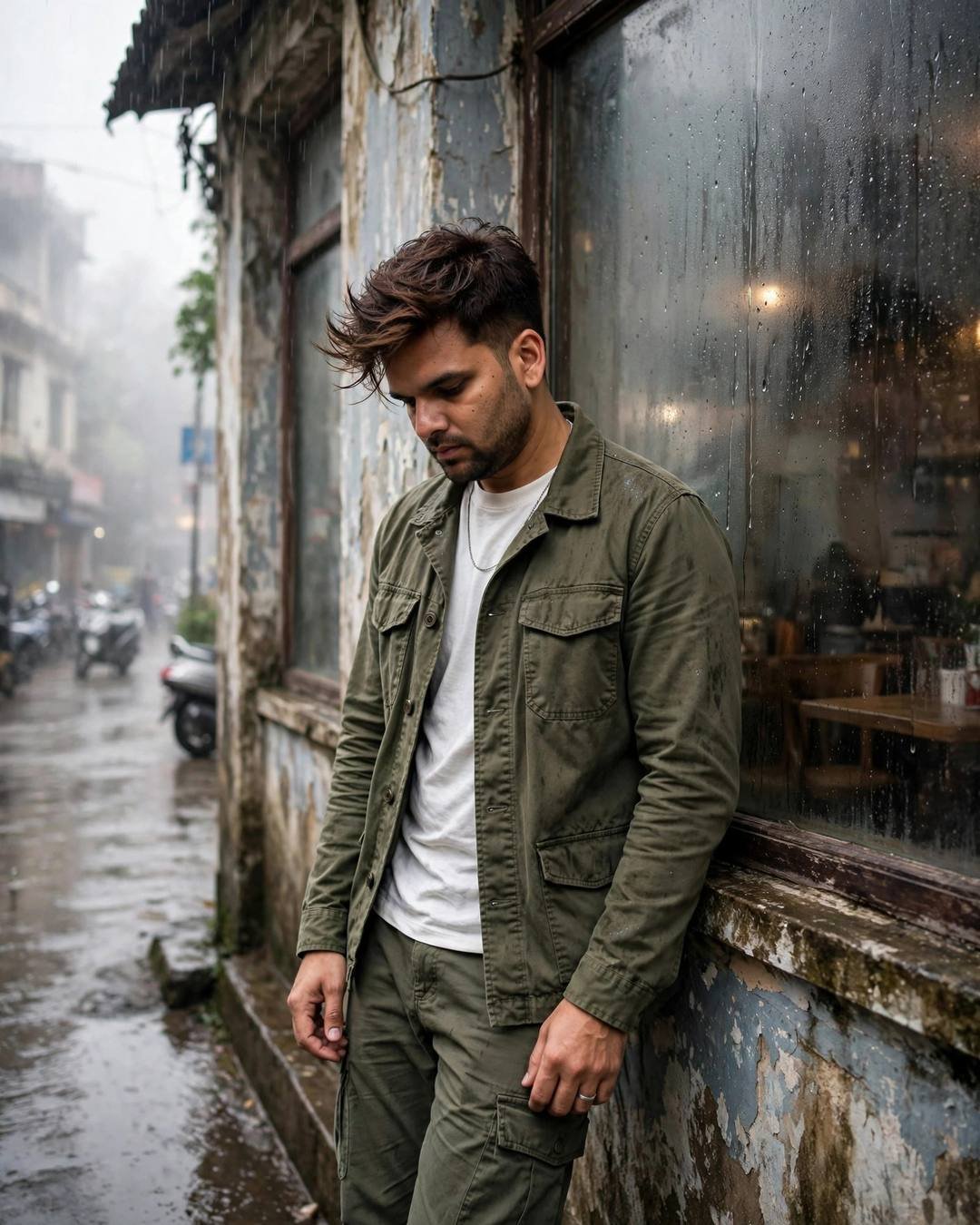 Young Indian man in olive field jacket leaning against a weathered wall by a fogged cafe window, head bowed