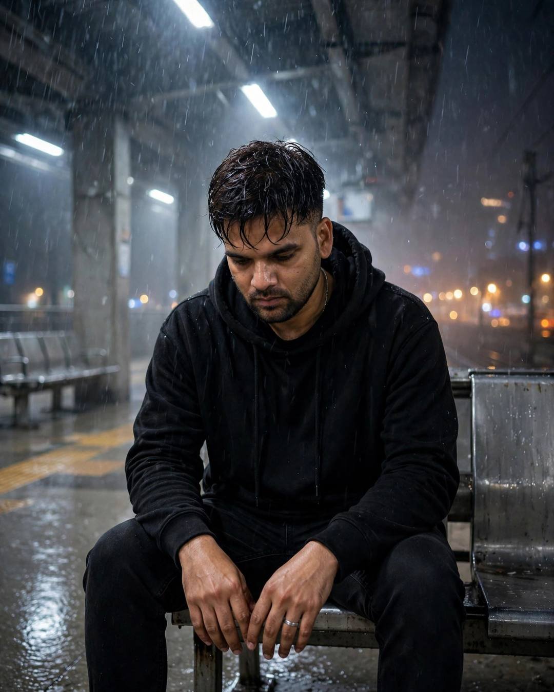 Young Indian man in black oversized hoodie sitting on a rainy station bench at night, head bowed, rain pouring