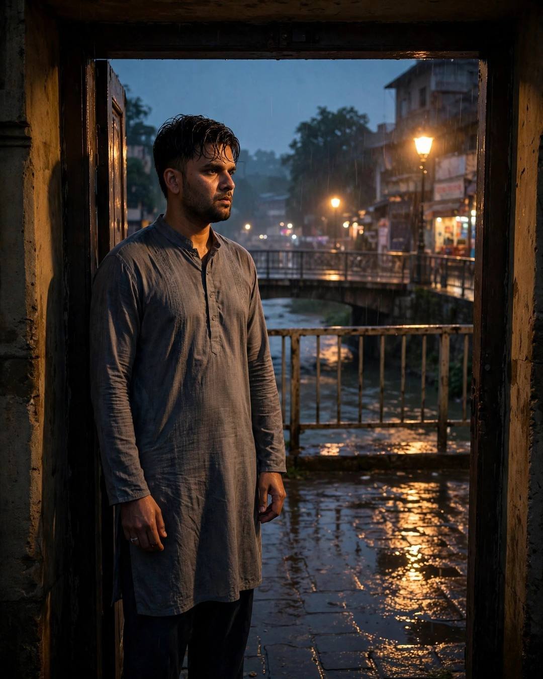 Young Indian man in grey kurta standing in a doorway by a river at night, sodium streetlamps glowing on wet stones