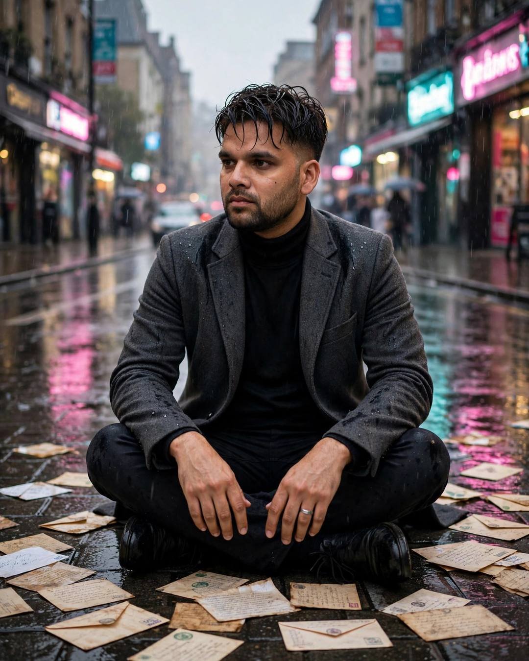 Young Indian man in charcoal blazer and black turtleneck sitting cross-legged on a rain-soaked street surrounded by old letters, neon pink and cyan reflections