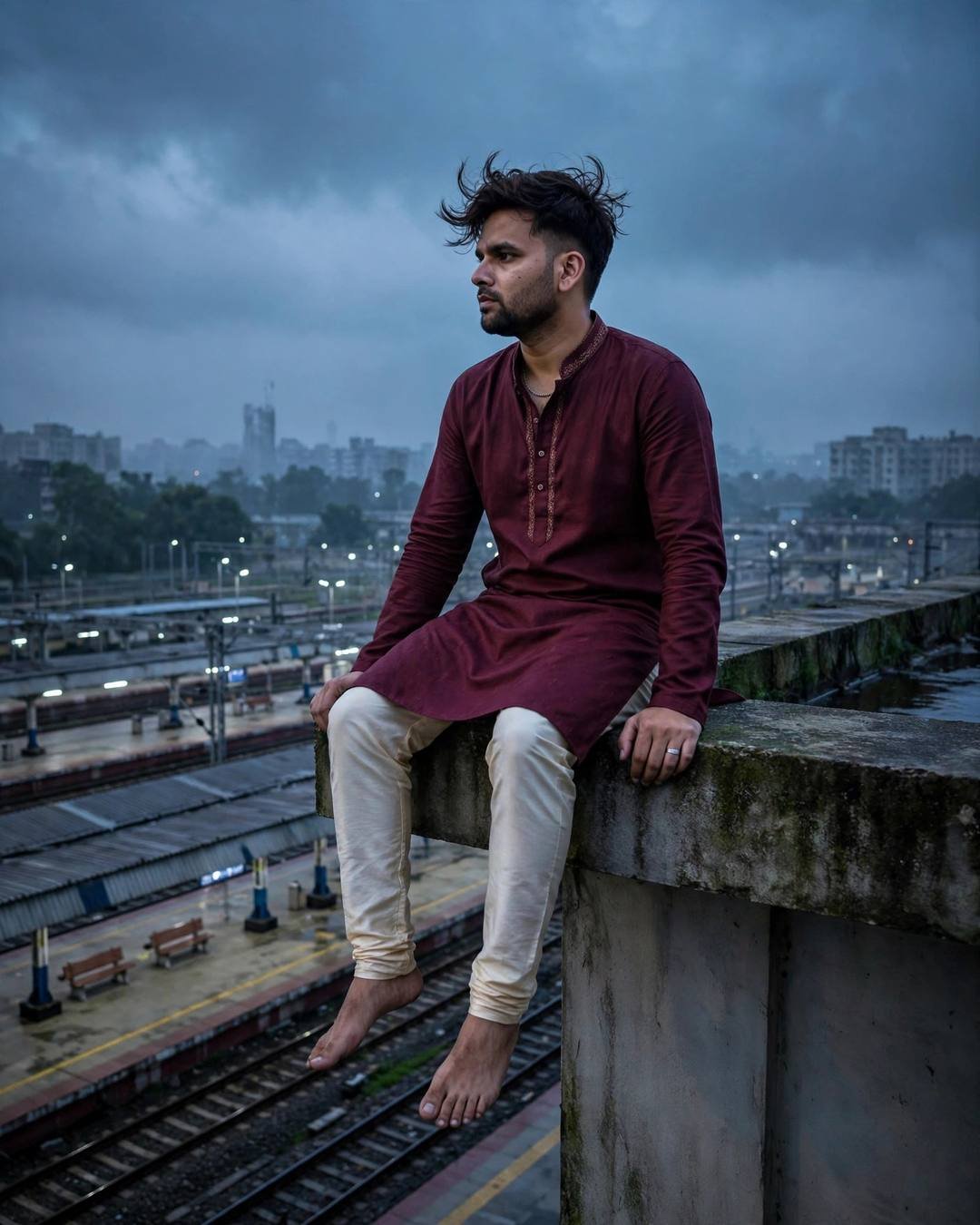 Young Indian man in maroon kurta sitting on a rooftop ledge above an empty railway platform at blue hour