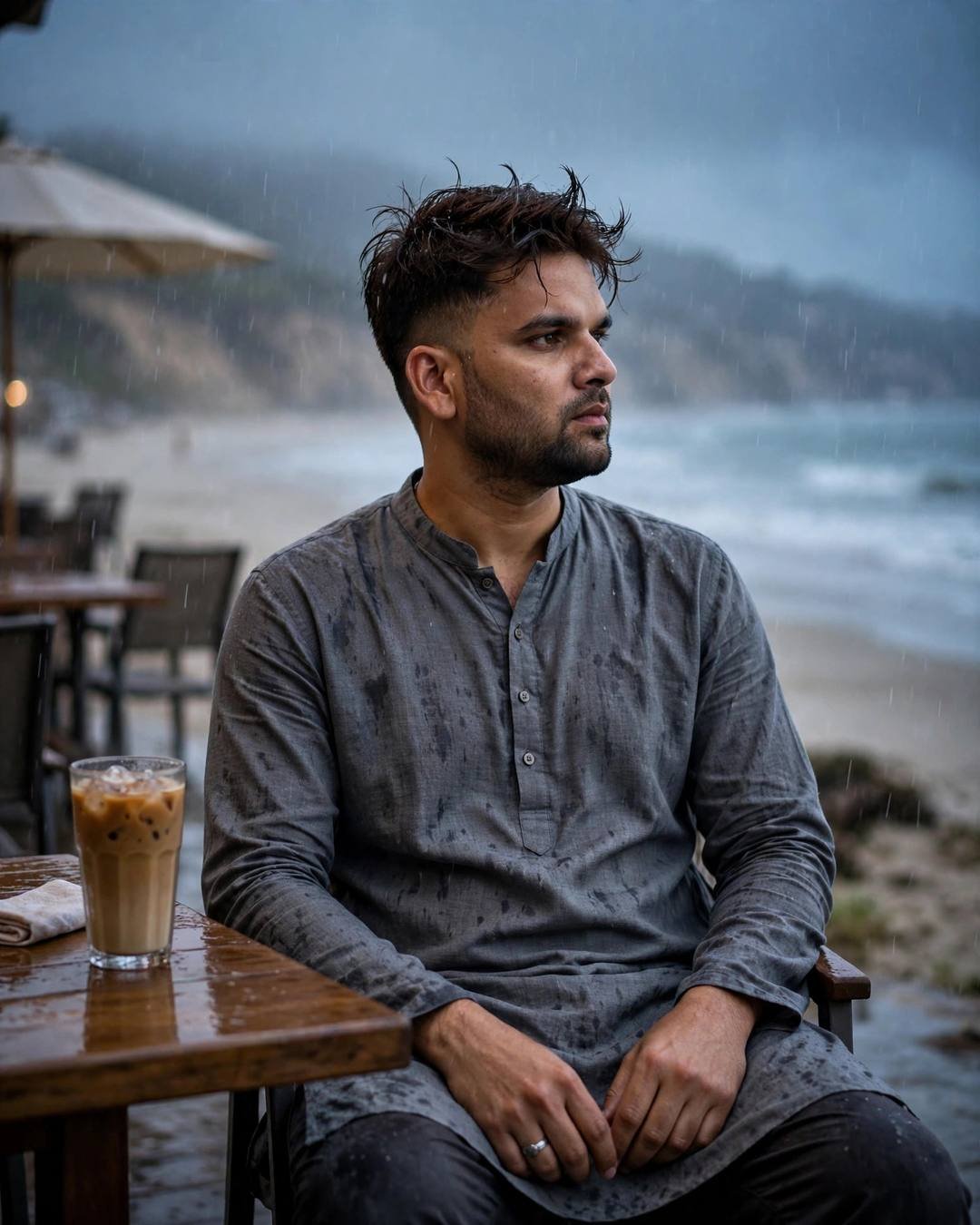 Young Indian man in a grey kurta sitting at a cafe table with cold coffee at a deserted rainy beach at dusk