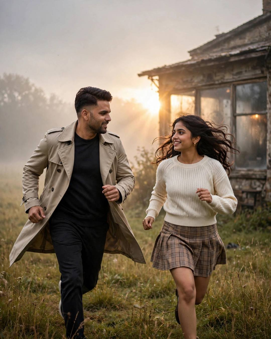 Young Indian couple running toward each other across a misty field at dawn beside an old cafe, golden backlight flaring