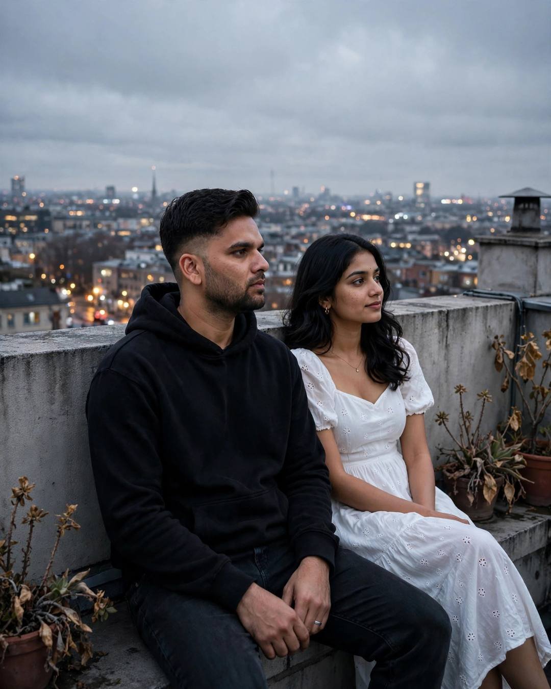 Young Indian couple sitting on a rooftop at night, backs against the wall, city lights glittering below