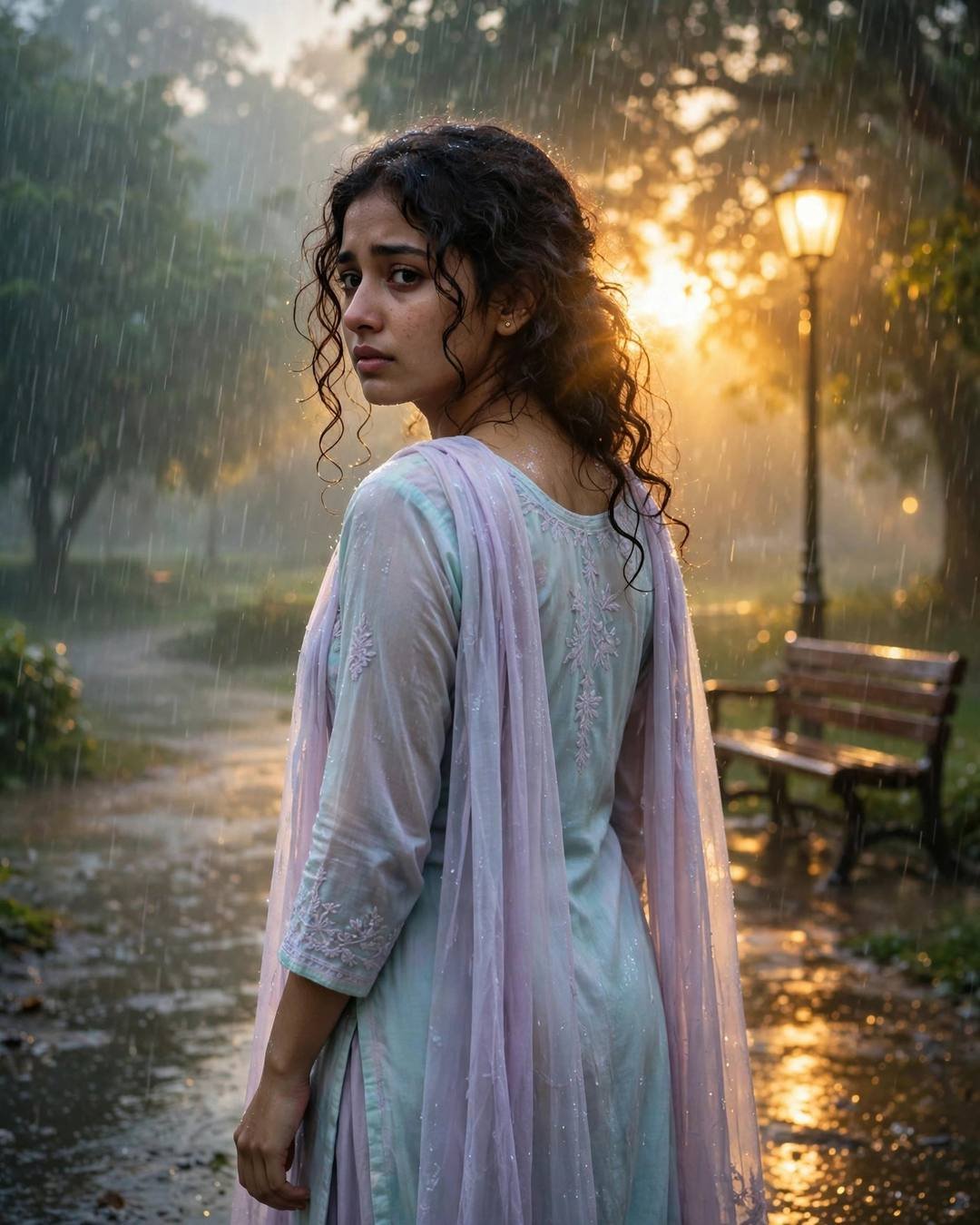 Young Indian woman in pastel salwar-kameez looking back over her shoulder in monsoon rain, golden lamp glow behind her