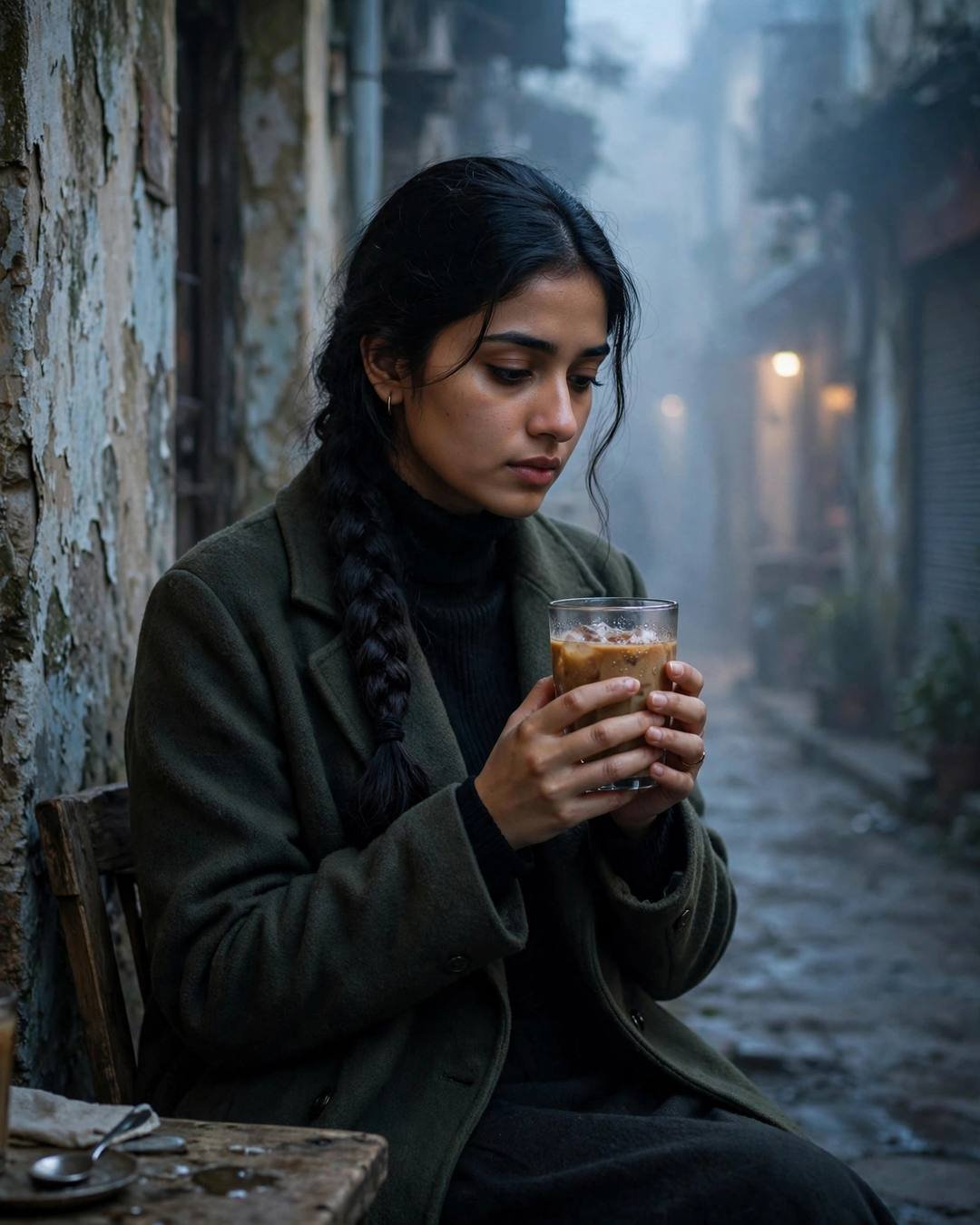 Young Indian woman in black turtleneck and long coat holding a cold coffee in a foggy old-city lane at blue hour