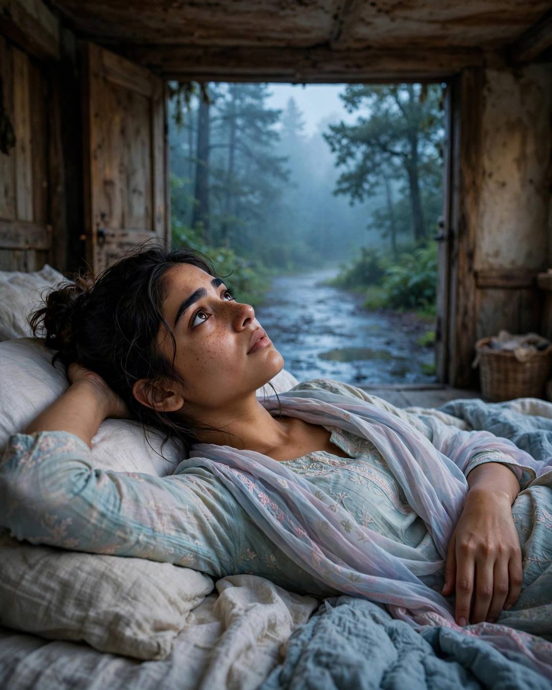 Young Indian woman in pastel salwar lying on a cabin bed, one arm behind her head, gazing toward a misty forest path through the door