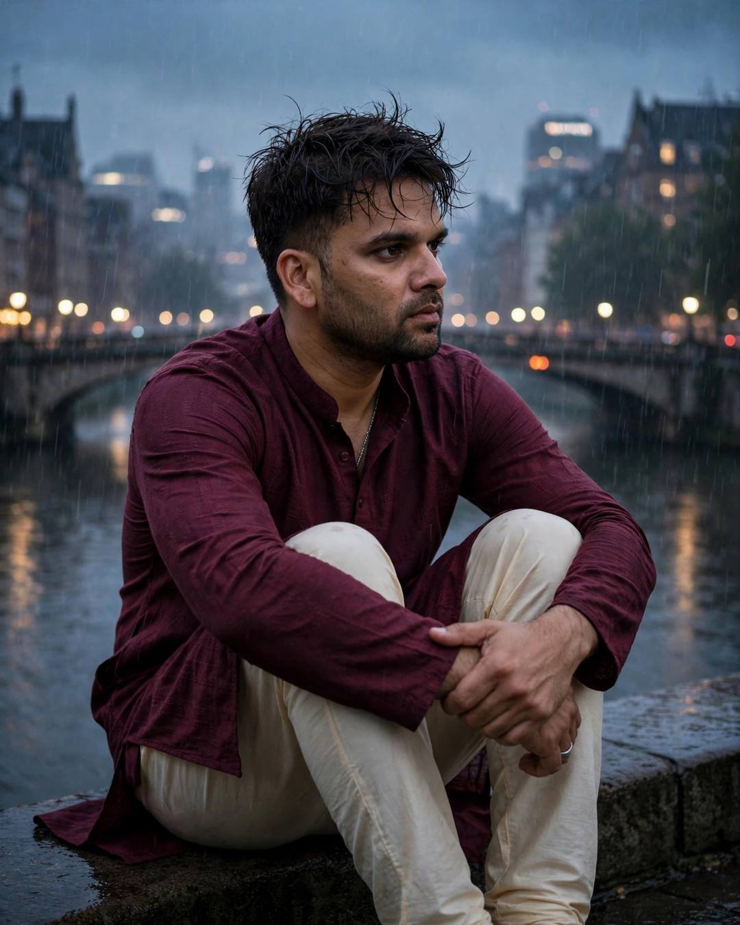 Young man in a maroon kurta sitting with knees drawn up on a river embankment by a bridge, light rain, rain-diffused city glow on water, cinematic portrait