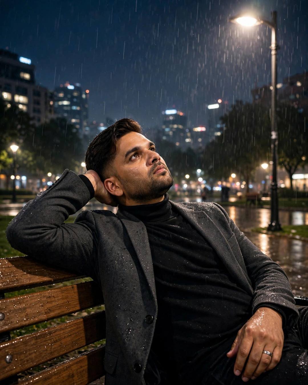 Young man in a charcoal blazer and black turtleneck reclining on a park bench under a lone lamp, light rain, midnight city skyline behind, cinematic portrait