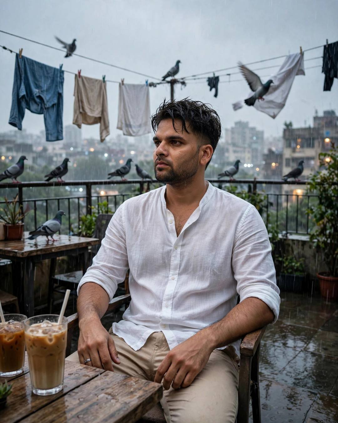 Young man in a white linen shirt seated at a terrace table with cold coffee, heavy monsoon rain, drying clothes lines and pigeons around, cinematic portrait