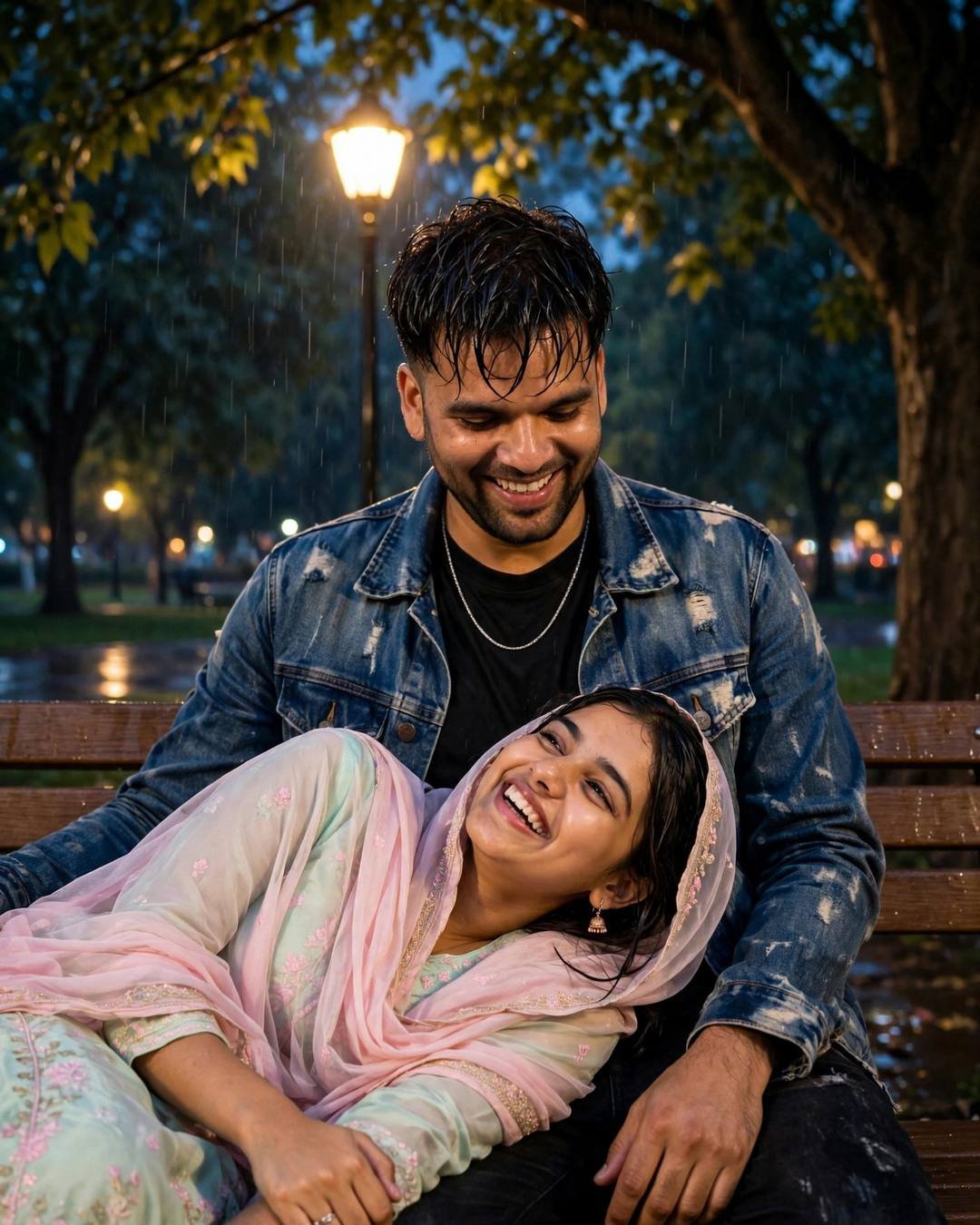 Couple laughing together on a rain-wet park bench under a lamp at night, woman reclined with her head in his lap, man in distressed denim jacket, woman in pastel salwar-kameez