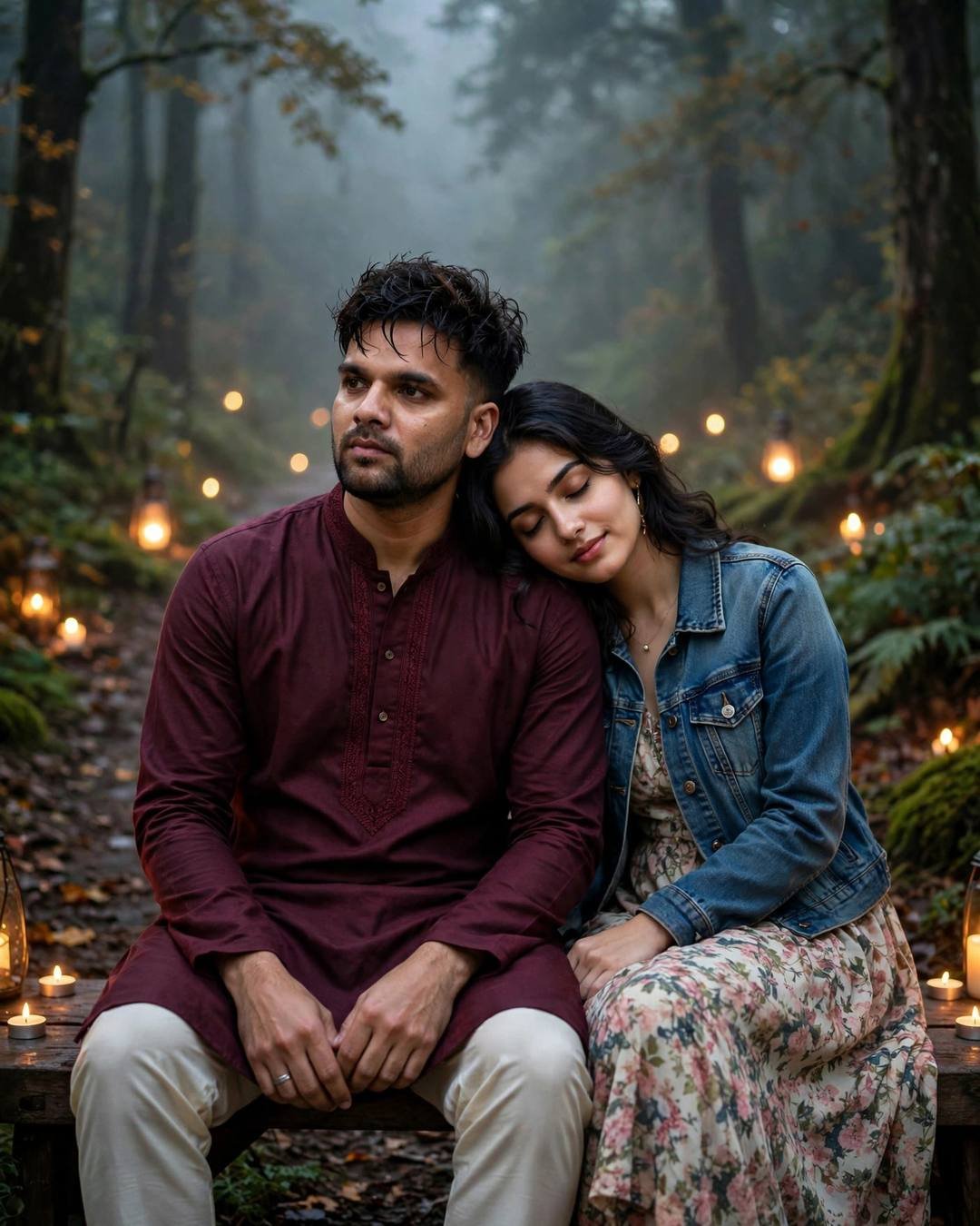 Couple sitting close on a bench on a misty forest path lined with candles, her head on his shoulder, man in maroon kurta, woman in denim jacket over floral dress
