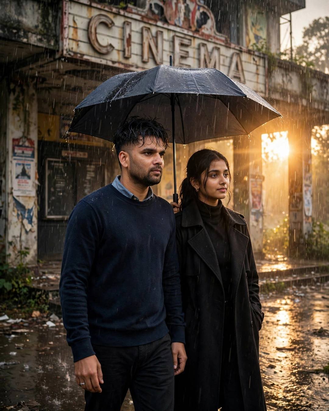 Couple walking under one black umbrella outside a ruined cinema hall in heavy monsoon rain at golden hour, man in navy sweater, woman in black turtleneck and long coat