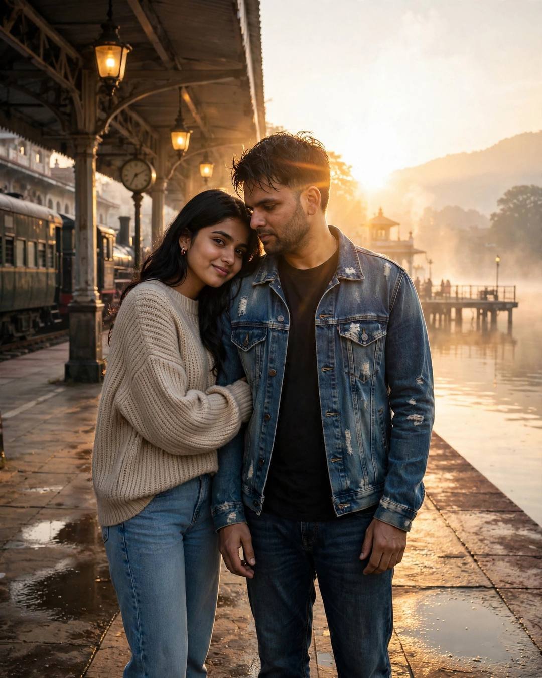 Young couple embracing on a railway platform beside a misty lake at golden hour dawn, denim jacket and beige sweater, lens flare, cinematic portrait
