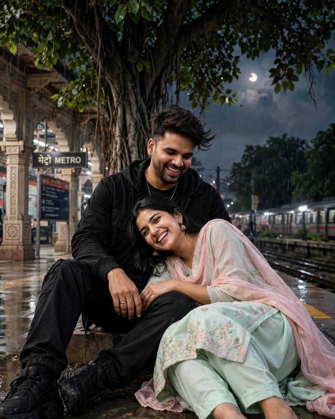 Young couple seated on a metro station platform at night, her head in his lap, both laughing, all-black streetwear and pastel salwar-kameez with dupatta, moon and drizzle, cinematic portrait