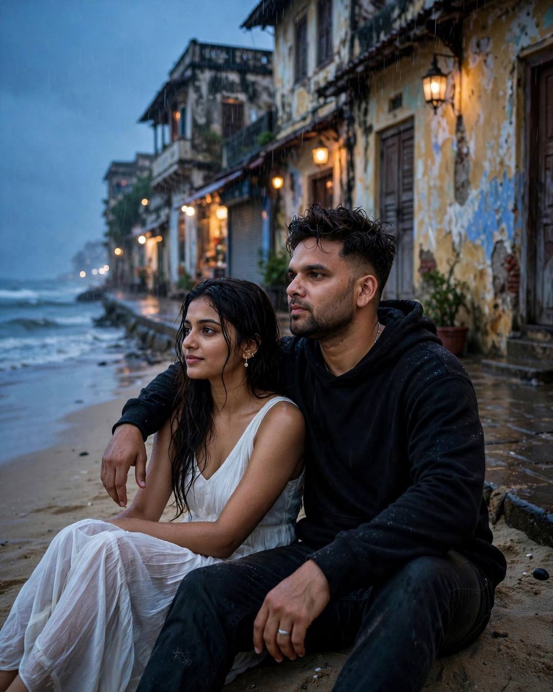 Young couple seated on sand where an old-city lane meets the sea at blue hour, his arm around her, black hoodie and flowing white dress, light rain, cinematic portrait