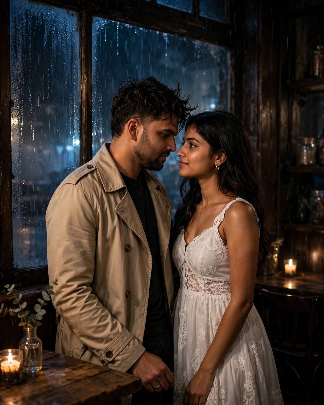 Young Indian couple face to face with foreheads almost touching in a candlelit old cafe at midnight, rain on fogged windows