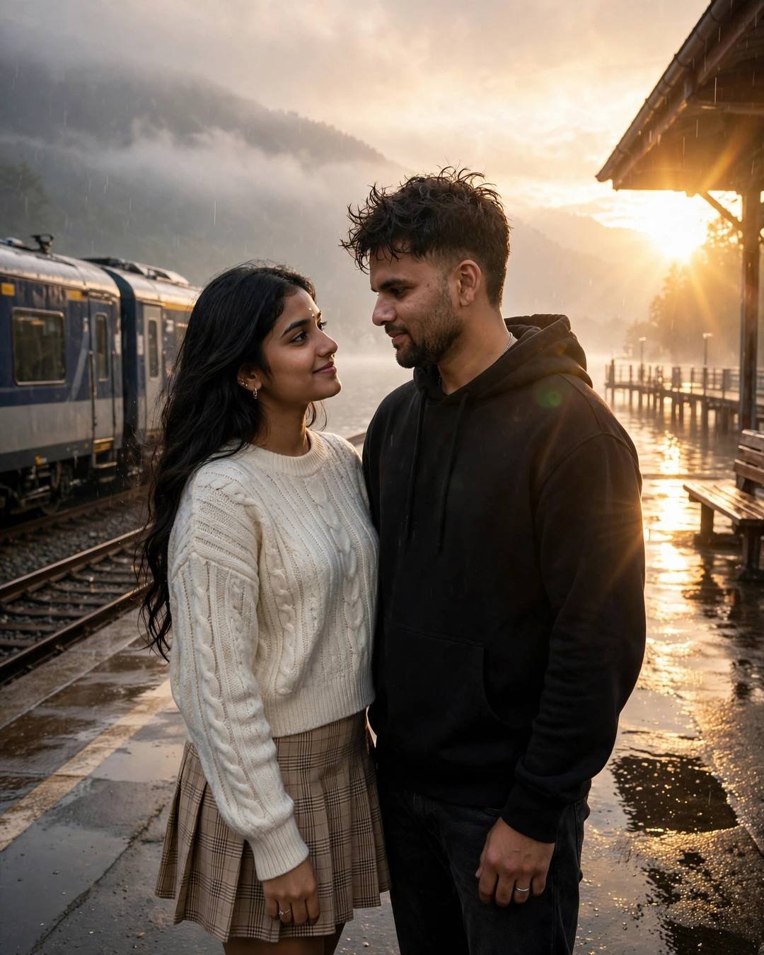 Young Indian couple standing close on a dawn railway platform beside a waiting train, man in black oversized hoodie, woman in cream knit top and plaid skirt, golden backlight