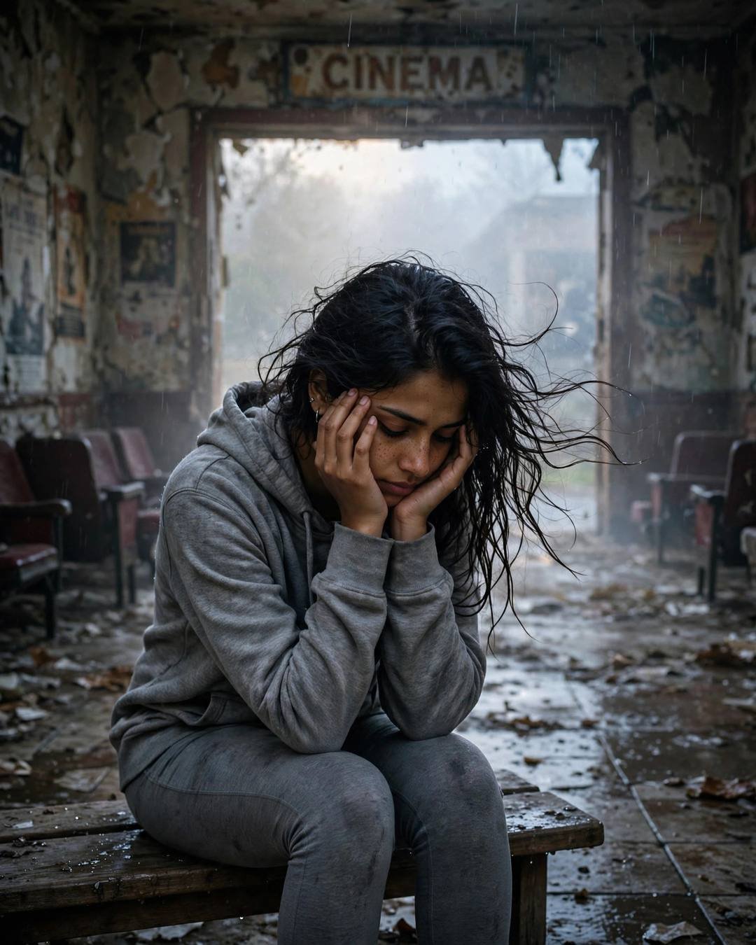 Young Indian woman in grey hoodie sitting with head in hands on a bench in an abandoned cinema hall, two coffees on the table, rain falling