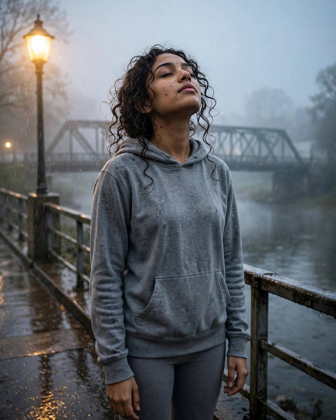 Young Indian woman with soft curls in grey hoodie standing under a streetlamp in rain on a bridge over a river, face lifted to the sky
