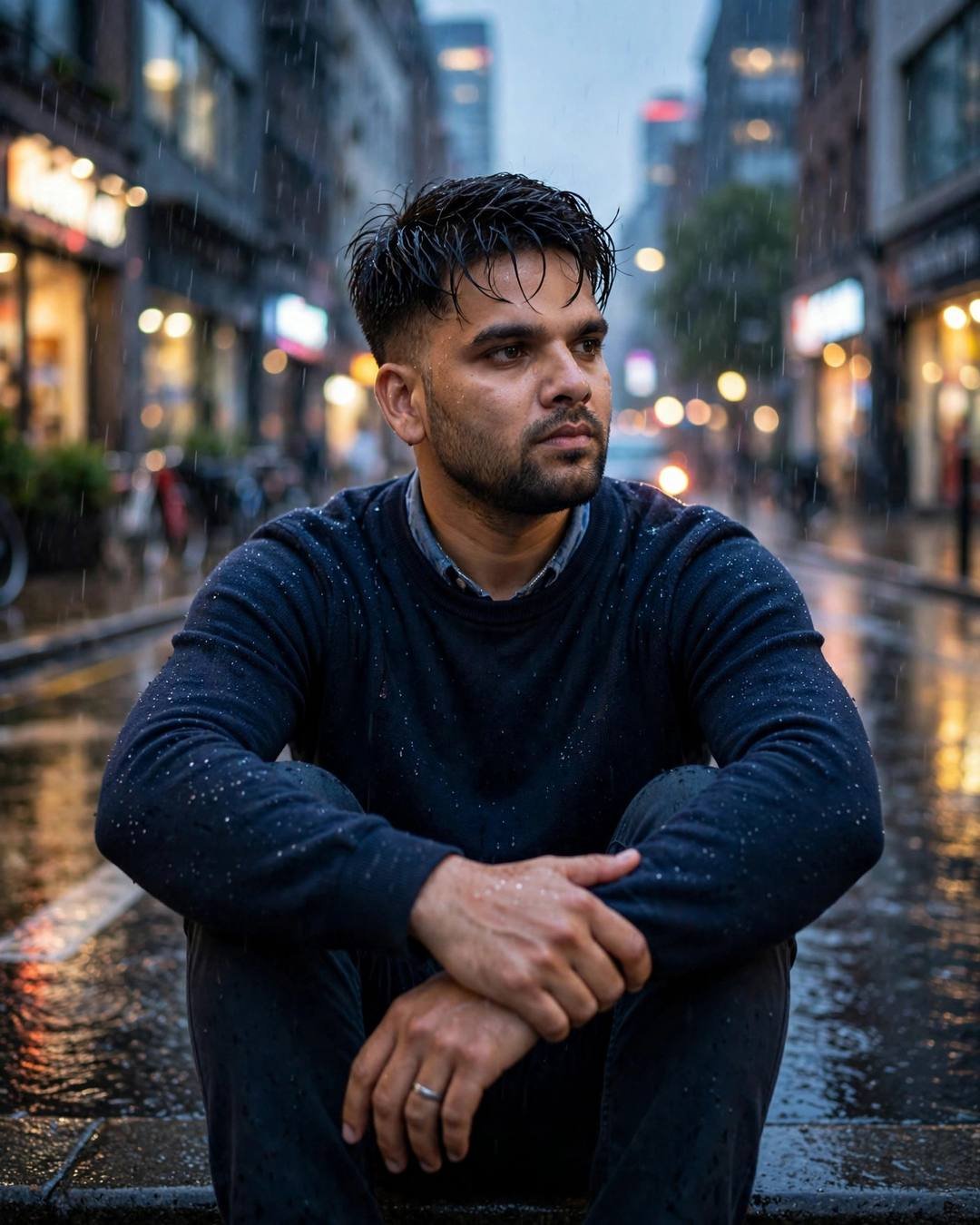 Young Indian man crouching in a rain-soaked street at blue hour, wearing a navy sweater