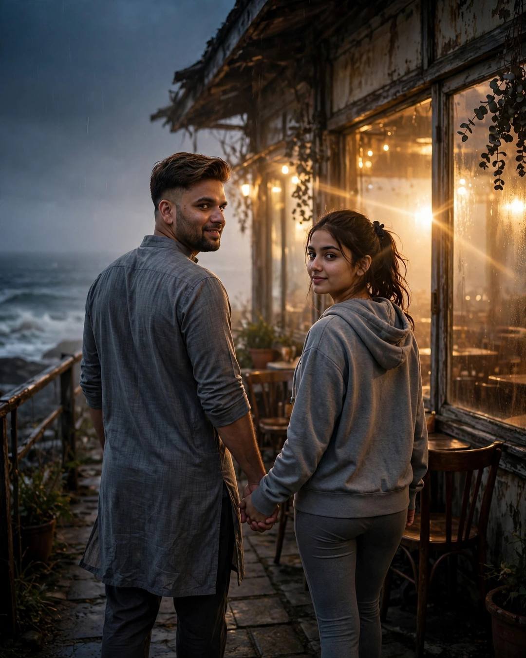 Couple walking hand in hand past an old cafe by the sea at night, man in grey kurta, woman in grey hoodie, golden window light and ocean waves
