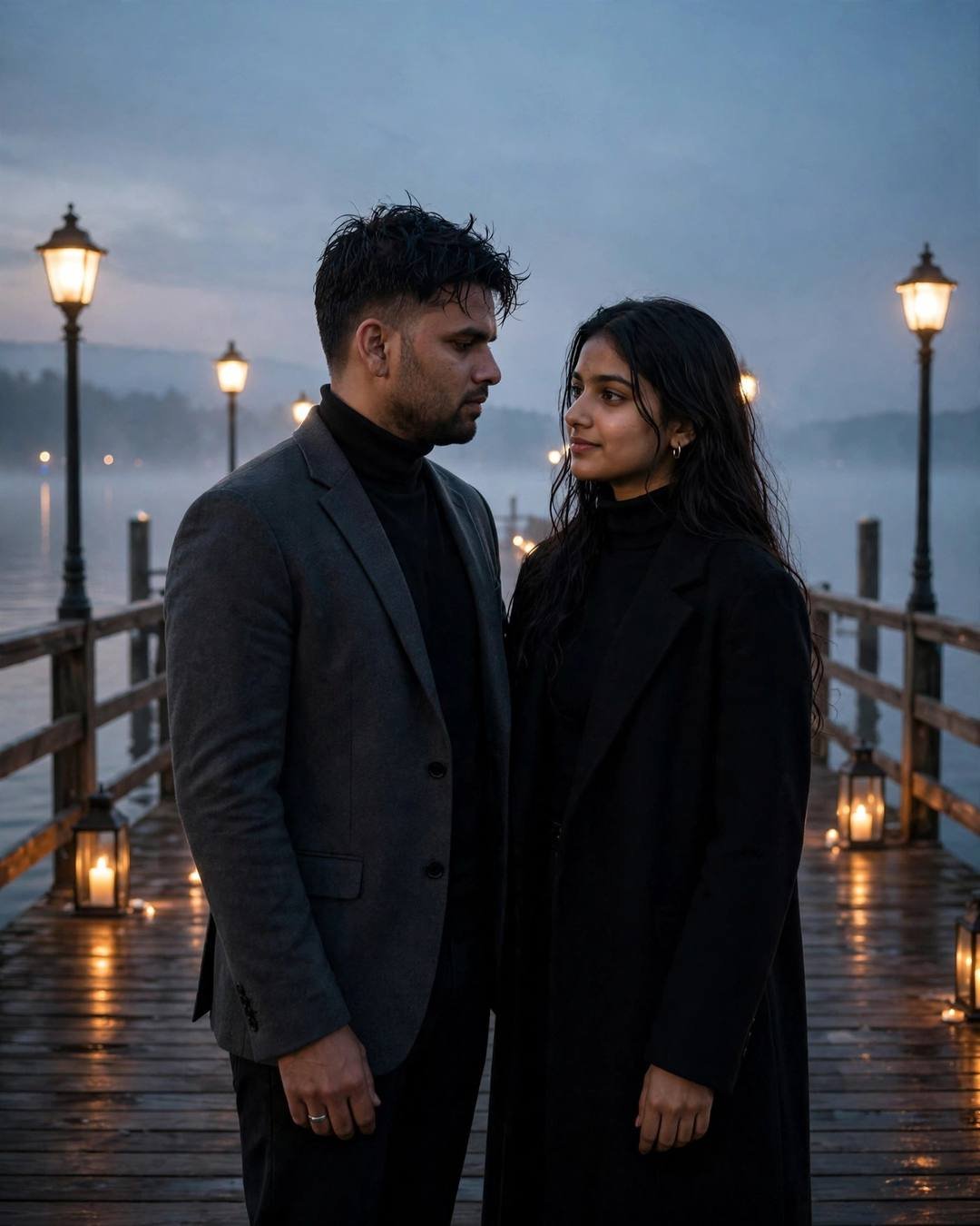 Couple on a candle-lit pier at dawn, man in charcoal blazer and black turtleneck, woman in long coat, mist over water