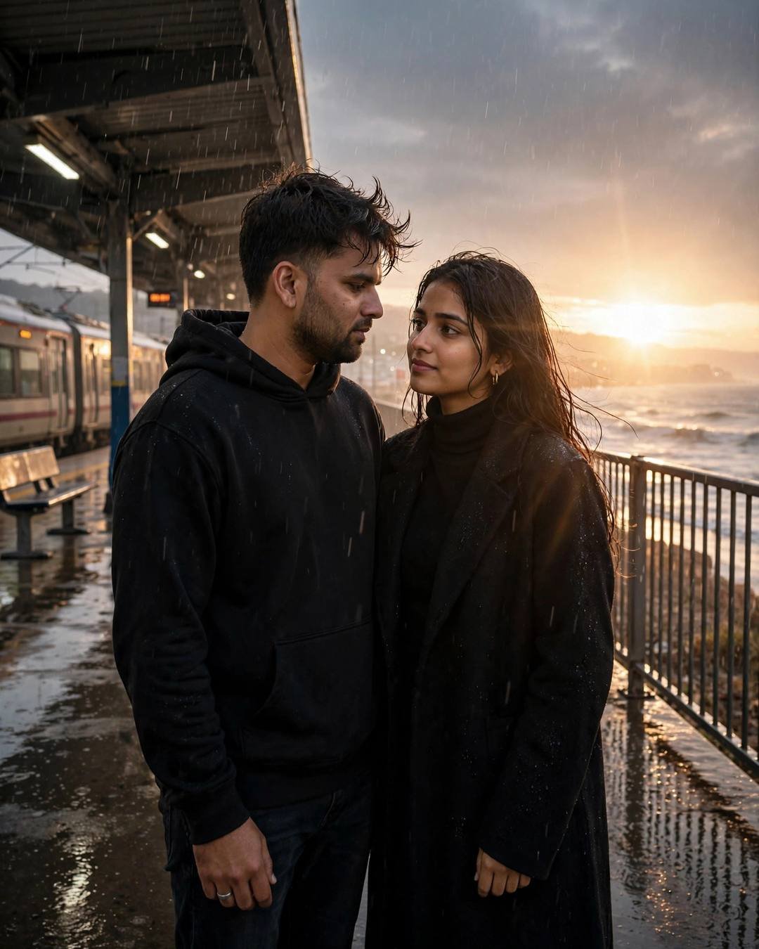 Couple embracing on a rainy railway platform beside the sea at dawn, man in black hoodie, woman in long coat, golden light