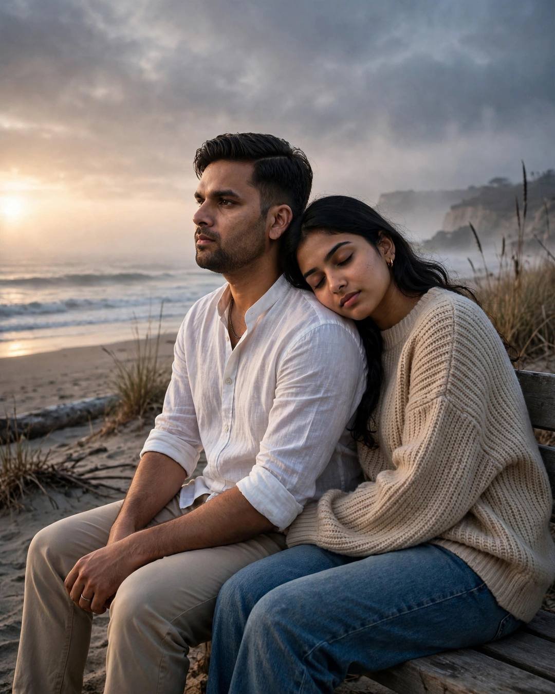 Couple on a wooden bench at a deserted beach at dusk, woman's head on man's shoulder, ocean and golden clouds behind