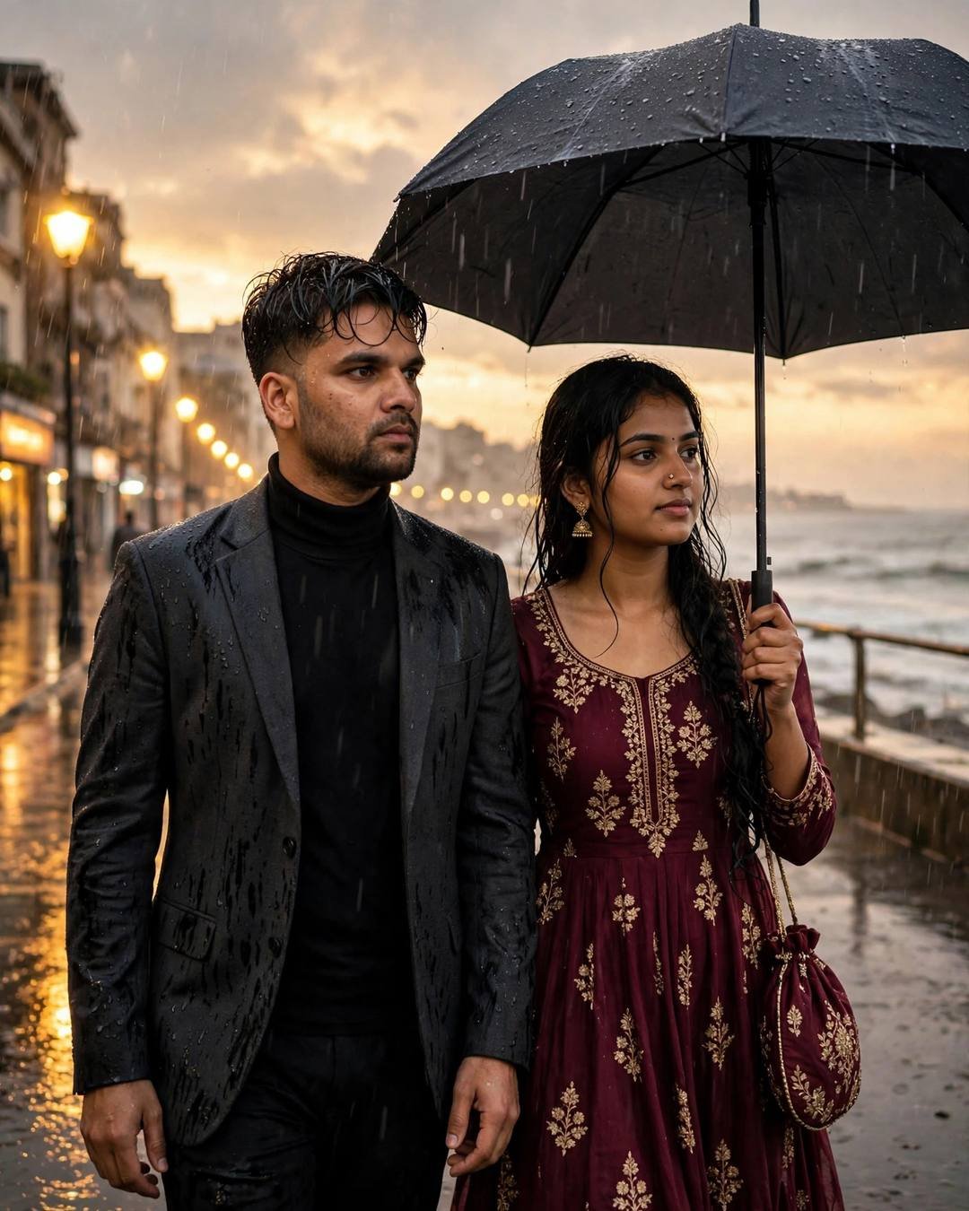 Couple under one umbrella on a rain-soaked sea-side street at golden hour, man in charcoal blazer, woman in maroon anarkali