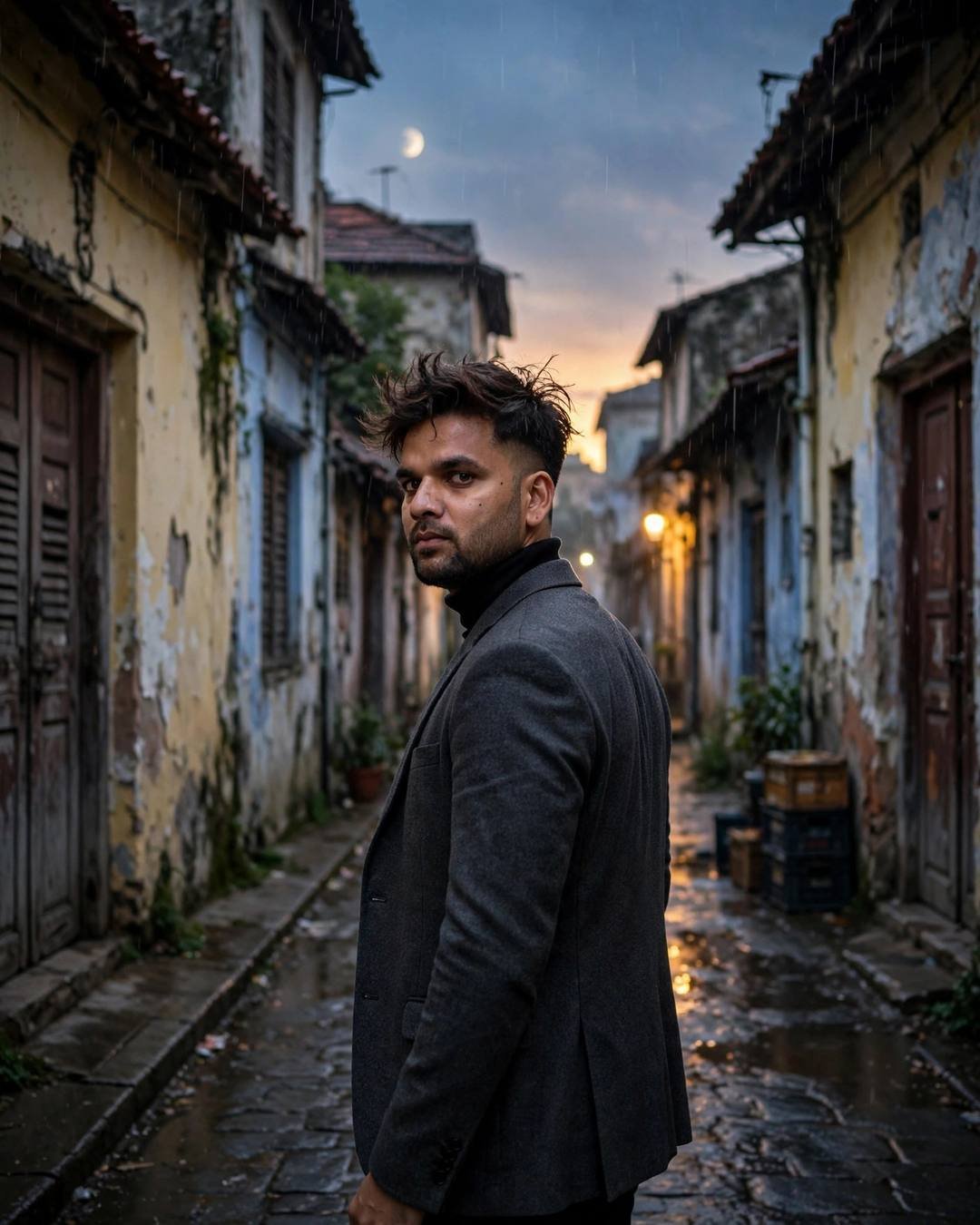 Young Indian man in a charcoal blazer looking back over his shoulder in a rainy old-city lane at dusk