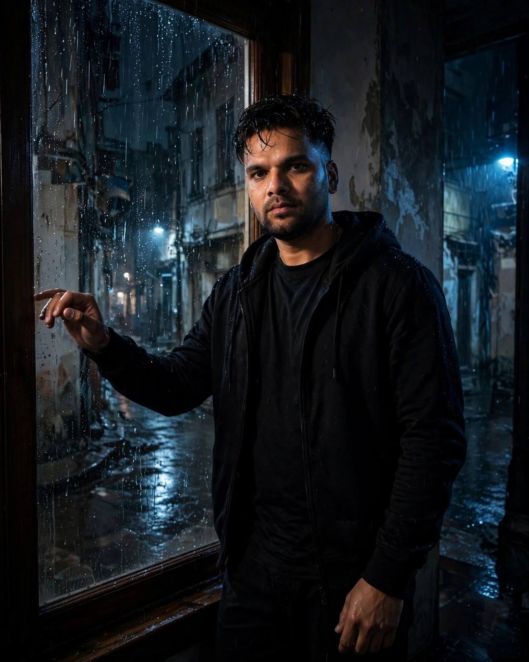 Young Indian man in all-black streetwear standing at a rain-streaked window at midnight with his hand on the glass