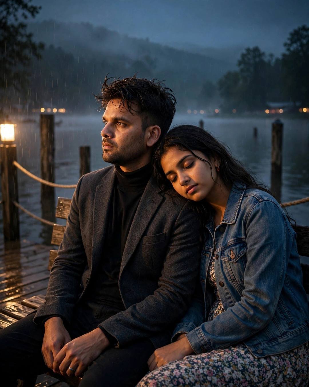 Couple sitting close on a bench at a lake pier at night, her head on his shoulder, rain and lamplight